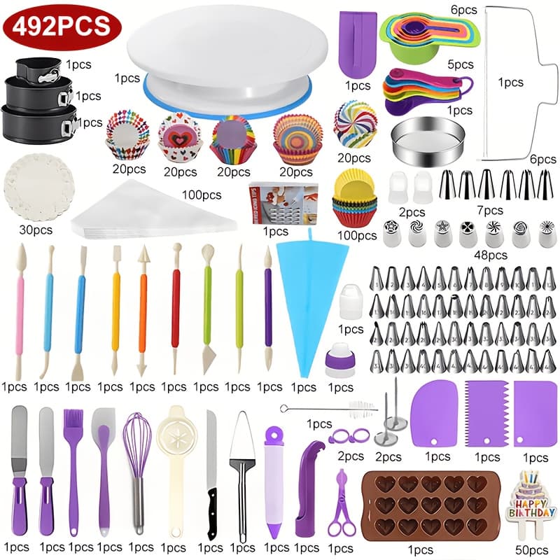 TEMU 492-pc Cake Decorating Set - Rotating Turntable, , Reusable Piping Bags - Professional Quality For Bakers &