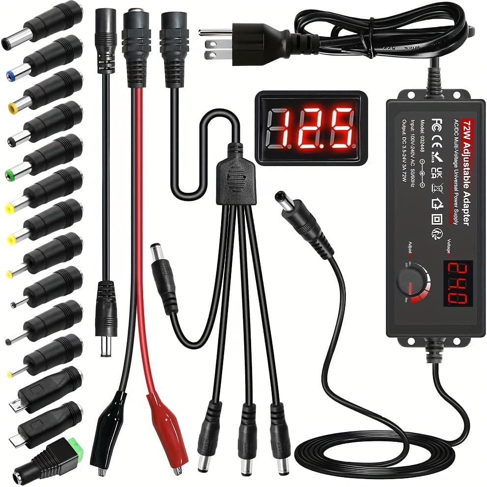 TEMU Alitove 72w , 100-240v Ac To 3-24v Adjustable Power Supply, Knob Adjustable, With Lcd Screen And Voltage Display, With Positive And Negative Adapter Cables, And 16 Different Types Of Adapters
