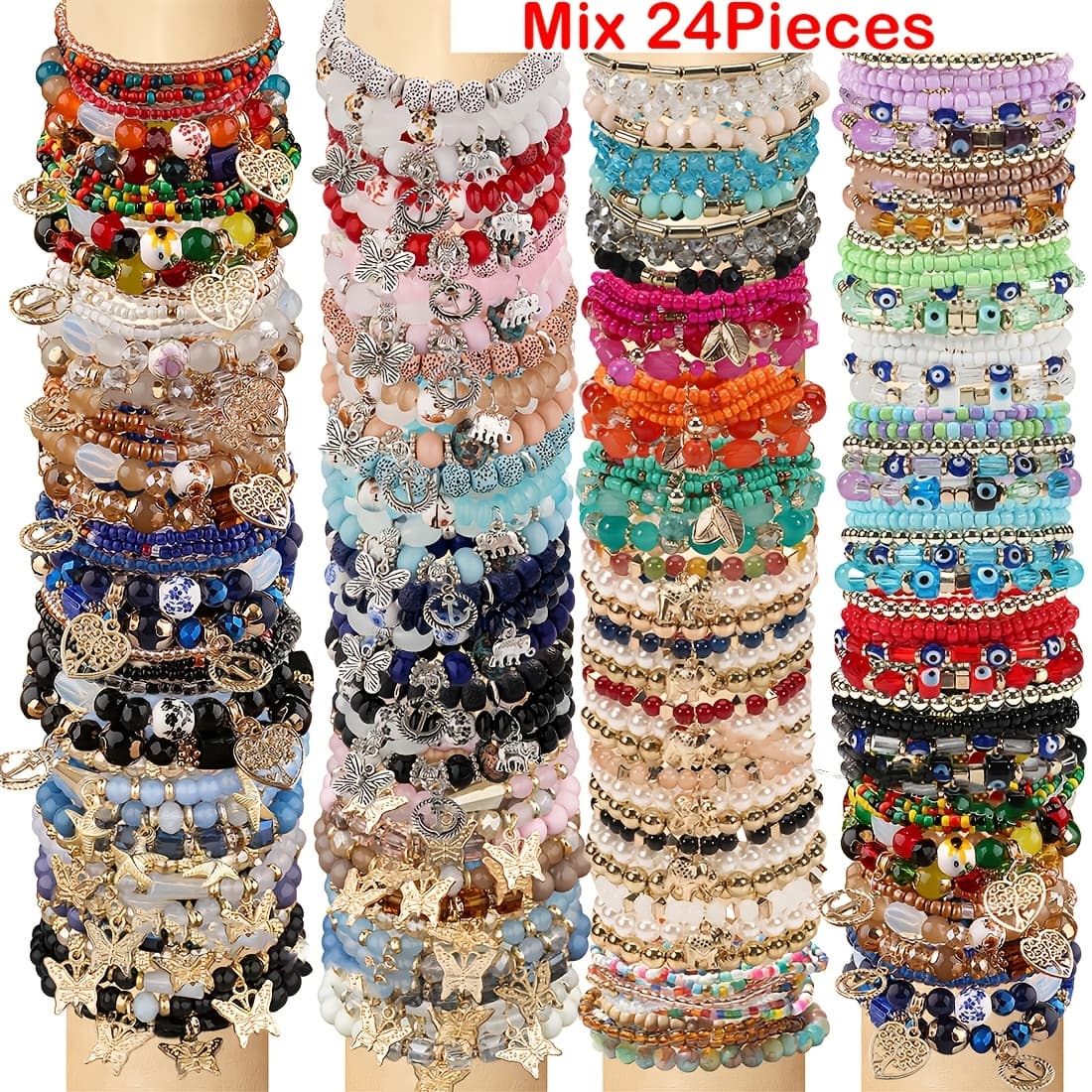 TEMU 24pcs Bohemian Beaded Bracelet Set For Women & Multilayer Stackable Stretch Elastic Bands With Pastel & Vibrant Colors - Layered Bead Jewelry Gift For Beach Festival, Daily