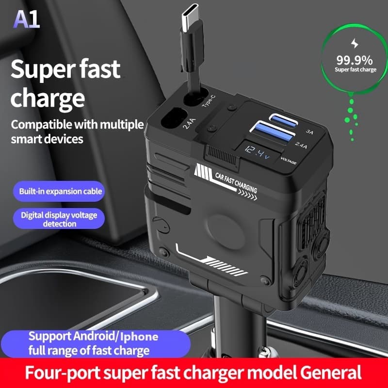 TEMU 120w Super Mech Style Car Charger, Adjustable Body , Real-time Digital Voltage , Retractable Cable, Comes With Iphone Cable And Type-c, Compatible With Phone, Tablet Pc, Pixel And More.