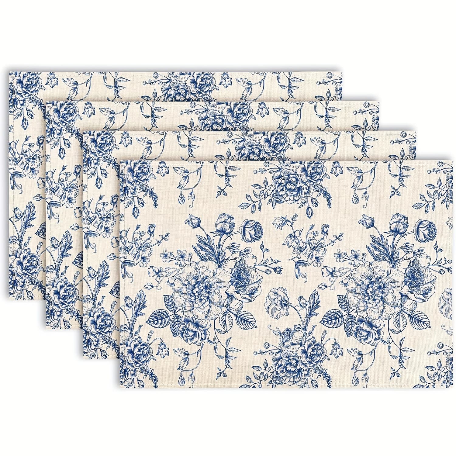 TEMU 4pcs, Vintage Floral Placemats Blue Flower Table Mats Table Dinner Mats For Home Kitchen Decor, 12 X 18 Inch, Set Of 4, Blue, White