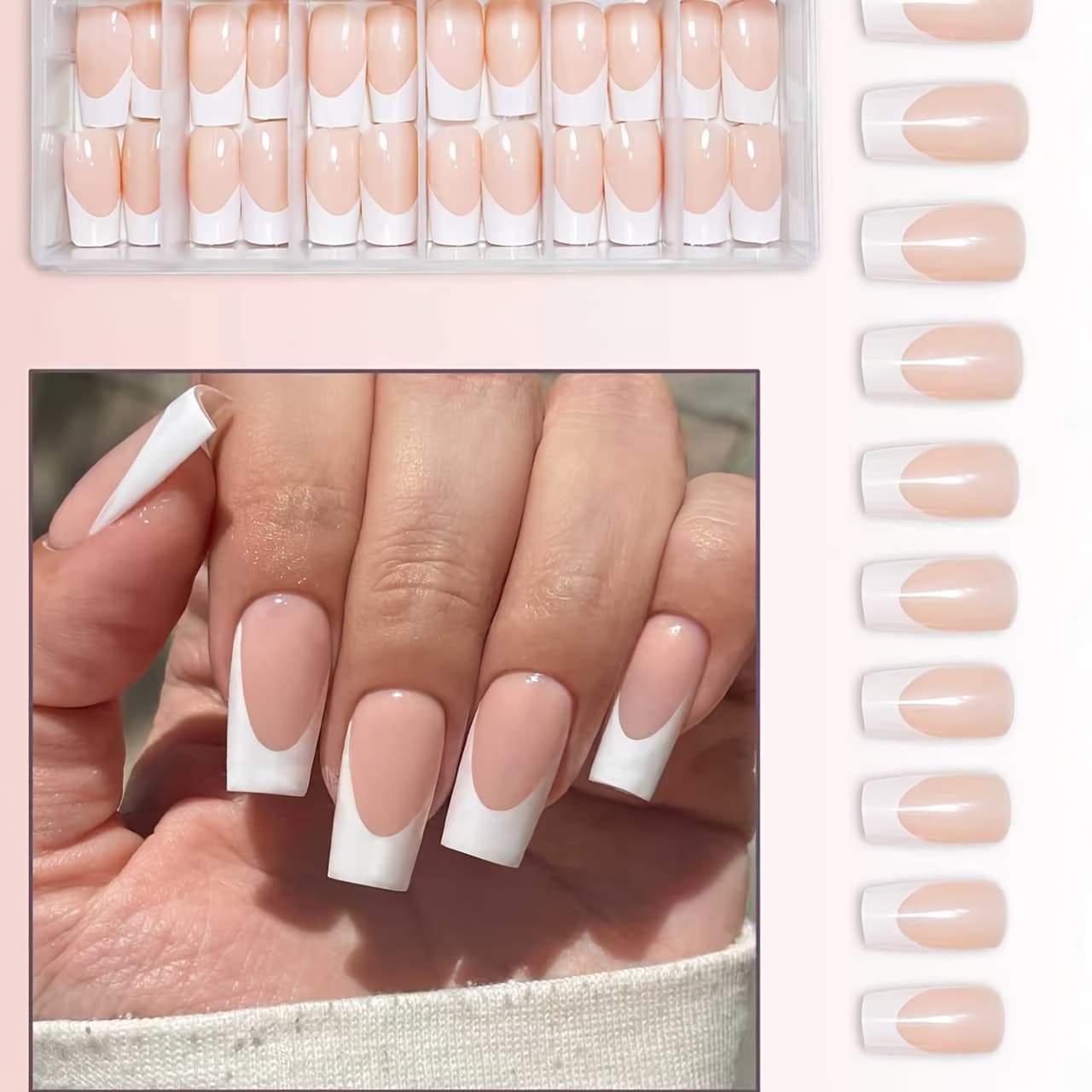 TEMU Box Of 288 Medium Square Press-on Nails, Classic French Manicure Style With And Blocking & Glossy Finish - Easy To Apply Reusable Long Lasting, For Women' Wear Workplace Styles