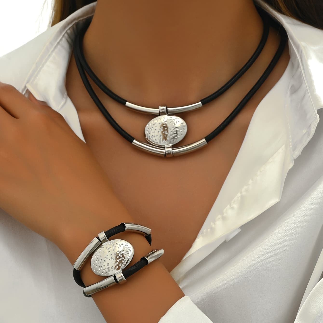 TEMU Bohemian-style Retro Design Set Of Two-piece Long Bead Pendant Necklace And Bracelet