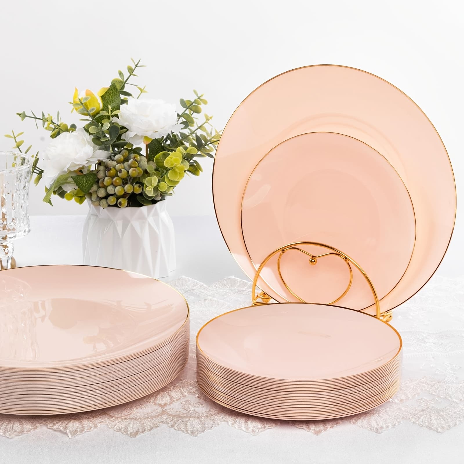 TEMU 60pcs Pink Plastic Dinnerware Set - Thickened Pink-golden Disposable Plates, Including 30 Dinner Plates And 30 Dessert Plates. Perfect For Parties, Weddings, And .