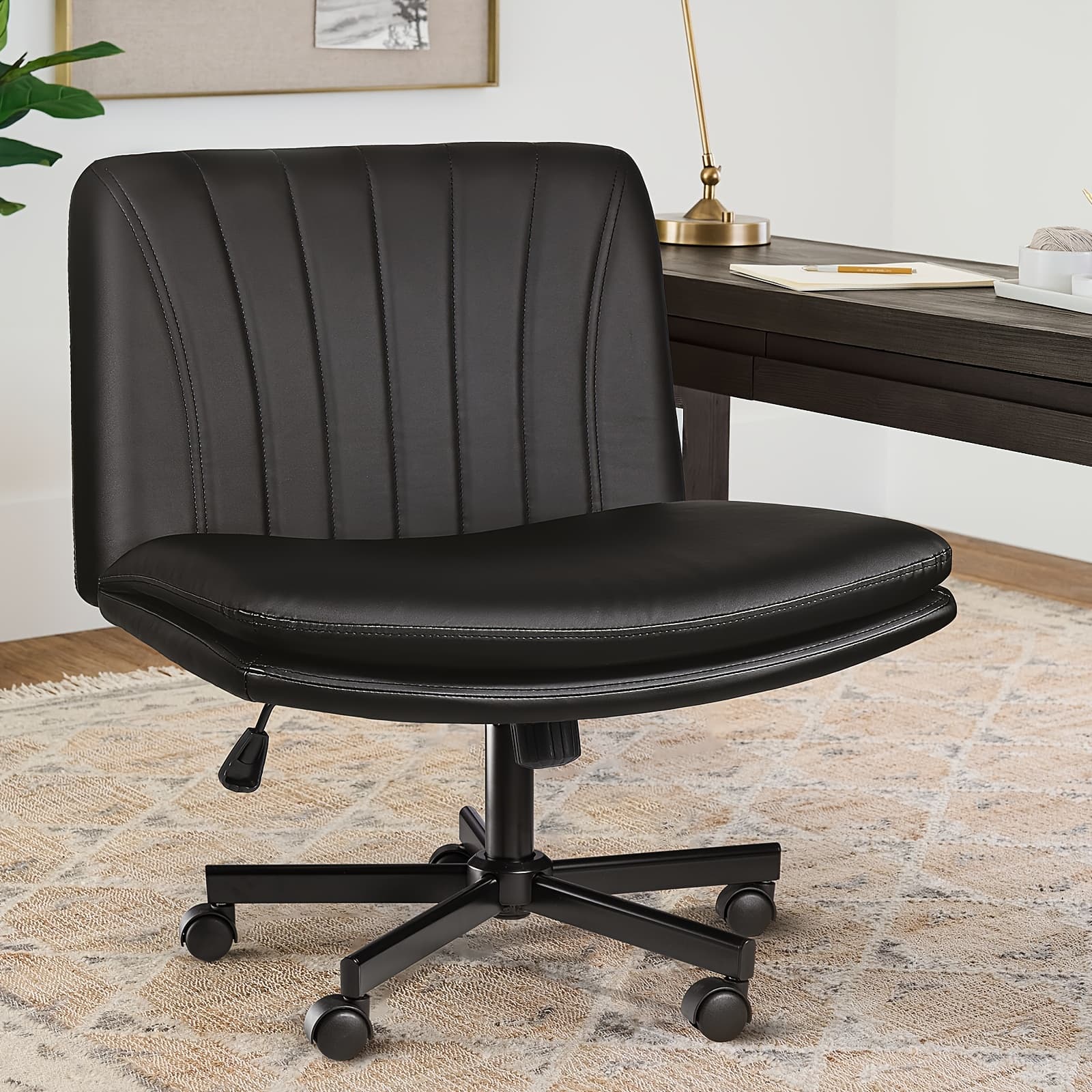 TEMU Armless Office Chair With Wheels, Cross Leg Wide Office Chair, Mid-back Swivel Computer Task Chair For Home Office, Makeup, Small Space, Bedroom