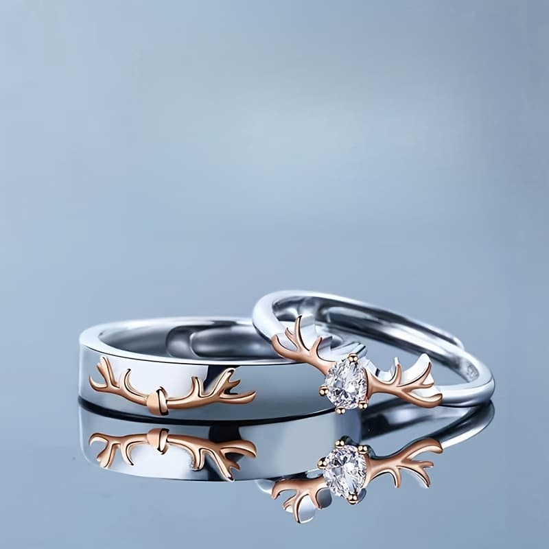 TEMU 1 Set - 2pcs, Forest Antler Theme Couple Rings, Adjustable Ring Size, Suitable For Daily Wear, Valentine's Day Gift, Anniversary Gift, For Teenager