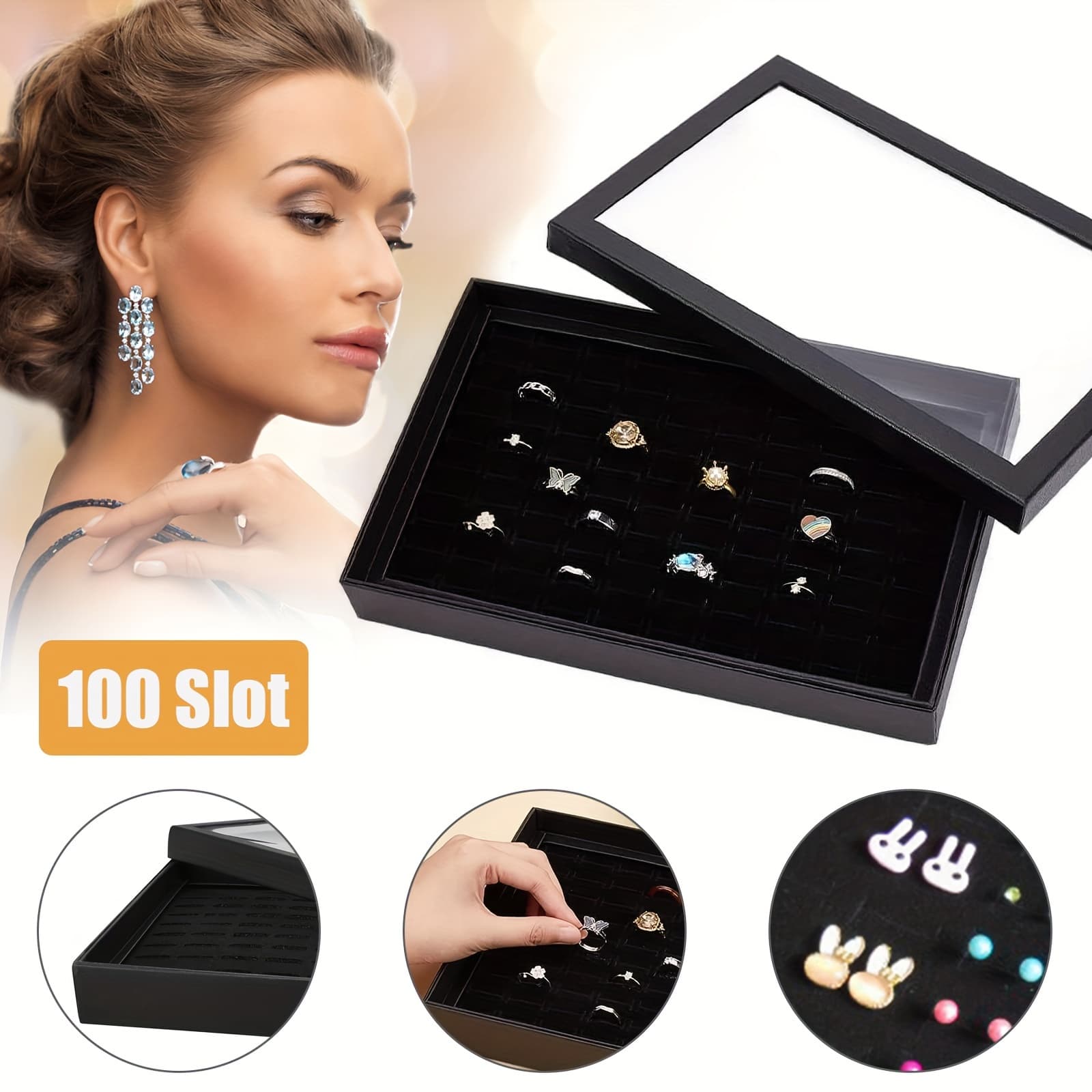 TEMU 100 Slots Jewelry Ring Display Box, Large Capacity Organizer, Tray Holder Earrings Storage Boxes Case, With Clear Lid