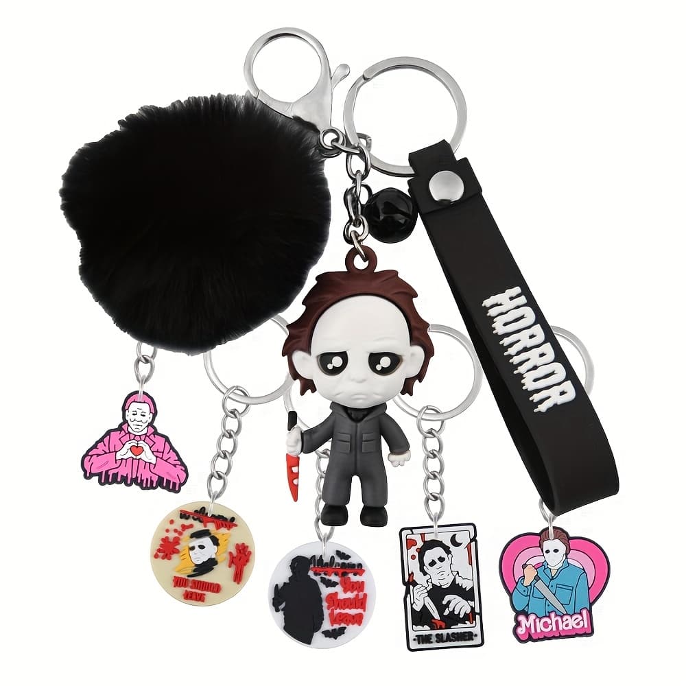 TEMU 2d Flat - 1 Plush Keychain Featuring A Small Bell, Along With 5 2d Cute Keyrings For Halloween, Perfect As Purse Additions For Women's Bag Charms