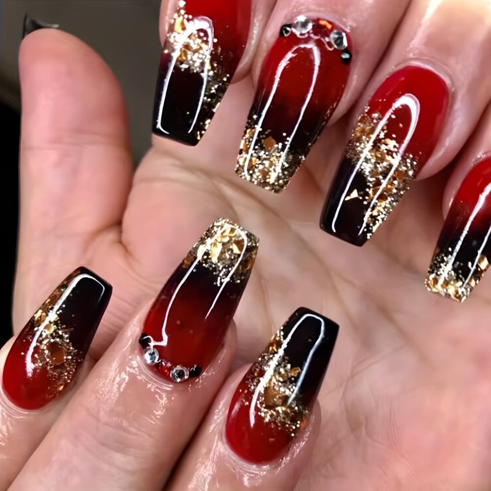 TEMU Set Of 24 Shiny Medium-length Coffin-shaped Press-on Nails Featuring A Red And Black Gradient With A Bowknot Design, With Rhinestones. Artificial Nails Are Reusable And Perfect For Women
