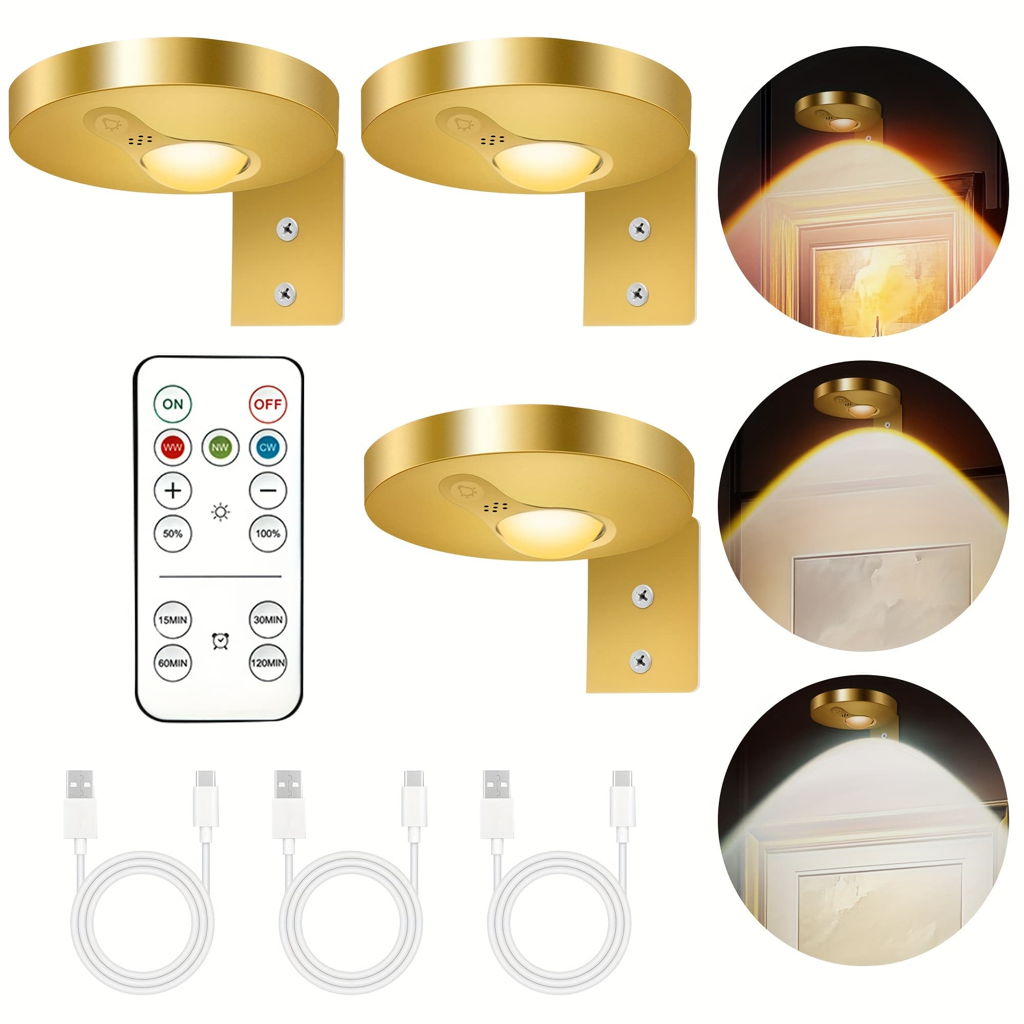 TEMU 3pcs Rechargeable Picture Lights For Wall, 1200mah Battery Operated Wall Frame Lights, Puck Lights With Remote, Dimmable & Timer Art Lighting For Paintings Wireless, Magnetic Gallery Light Golden