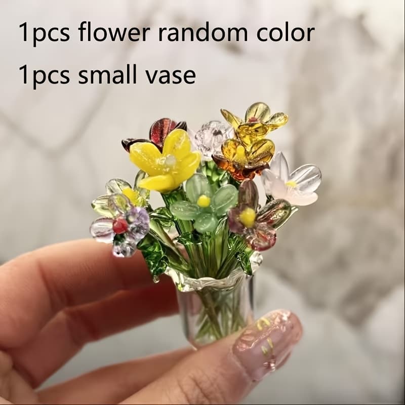 TEMU 2pcs Artificial Glass Flowers - Random Color Miniature Flowers With Flower Vases - Suitable For Home Decor, , , Birthday, Christmas - Desktop Decoration