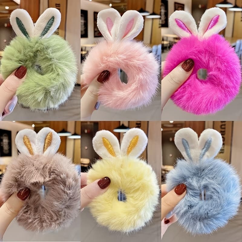TEMU 6pcs Of Cute Plush Bunny Ear Hair Ties For Ponytails, Double Ponytails, Hair, Hair Bands, Hair Additions