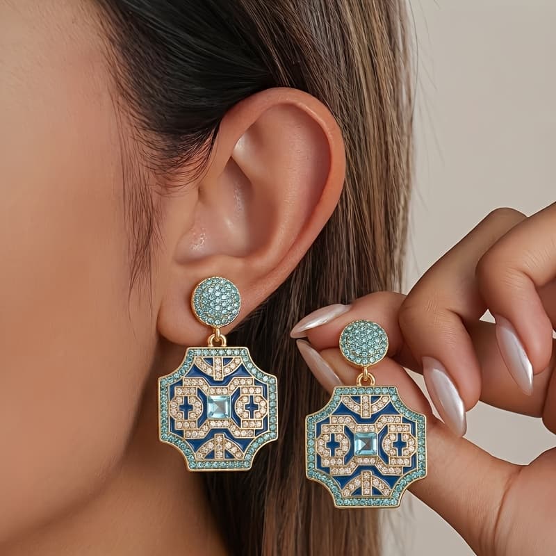 TEMU 1 Pair Of Retro Trendy Exquisite Elegant Inlaid Synthetic Drop Earrings, Suitable For Women' Banquet Party Dress Jewelry Gift