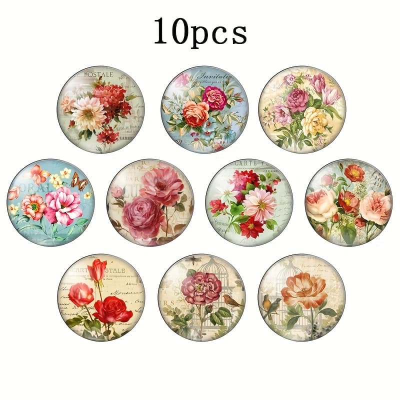 TEMU 2d Flat - Set Of 10 Round Glass Cabochons Featuring Flower Art, In 20mm And 25mm Sizes For Crafting