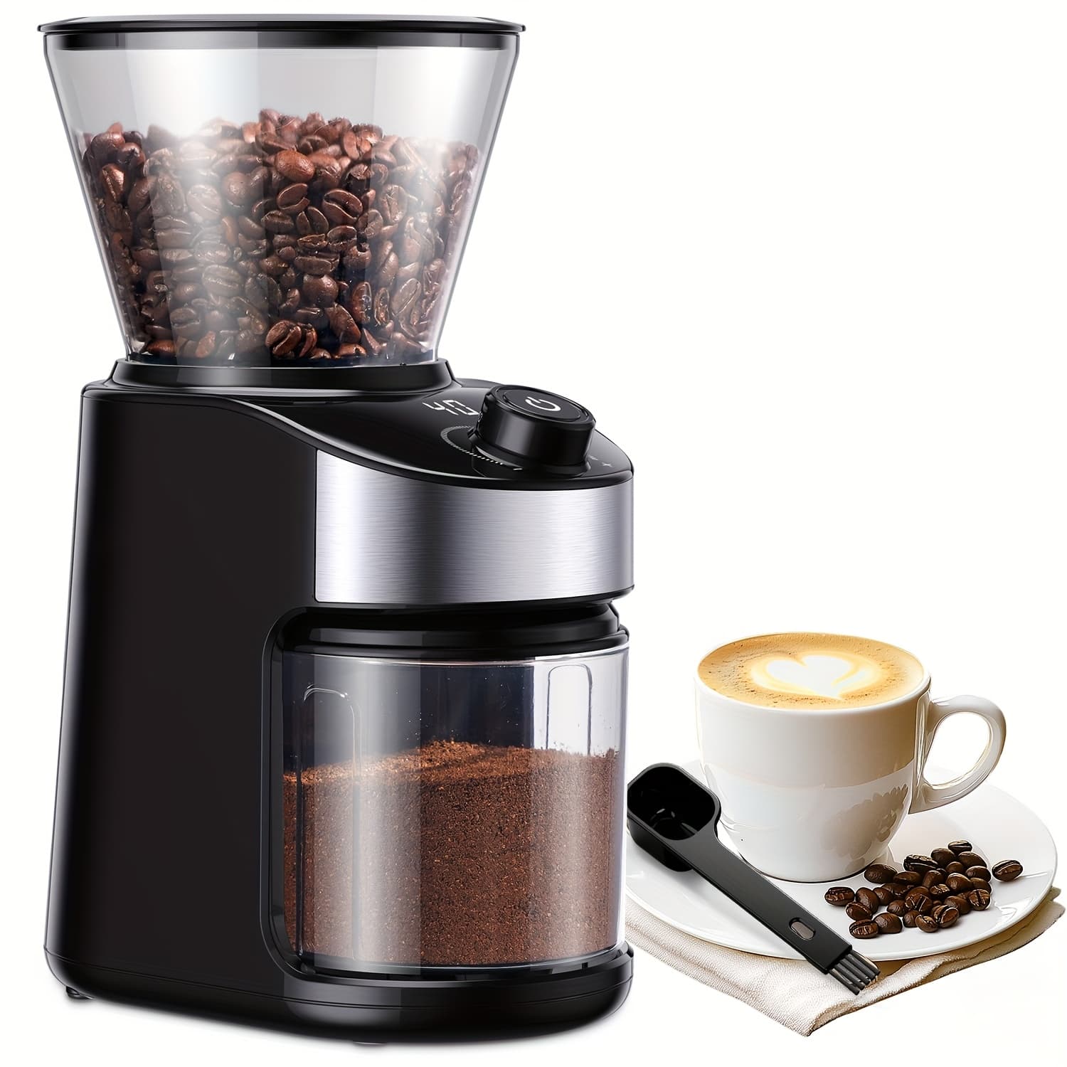 TEMU Coffee Grinder Burr Electric, Automatic Coffee Bean Grinder With Digital Timer Display, Adjustable Burr Mill With 25 Precise Grind Setting, Black