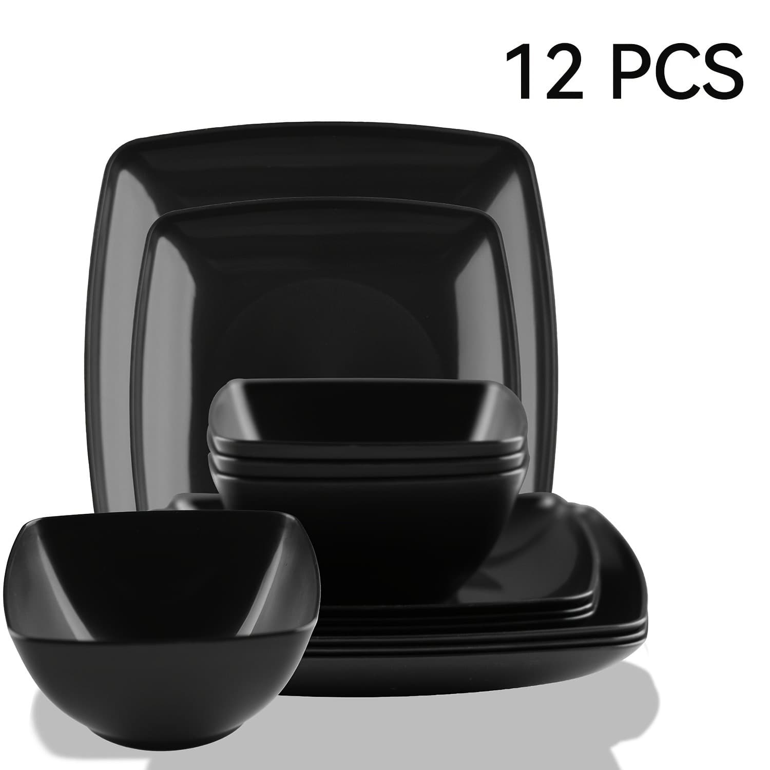 TEMU 12pcs Dinnerware Set: Durable And Reusable Black Plates And Bowls - Dishwasher And Freezer Safe -