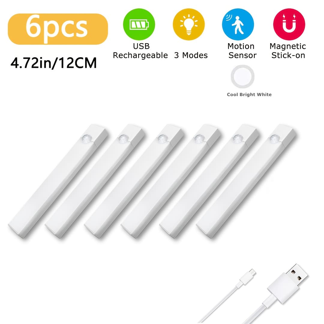 TEMU 6pcs Led Motion Sensor - Dimmable Cabinet Lamp, Usb Charging, 3 Adjustable , Night Light, Suitable For Bedroom, Stairs, Kitchen, Piano Room Studio, Bedside Reading Lamp