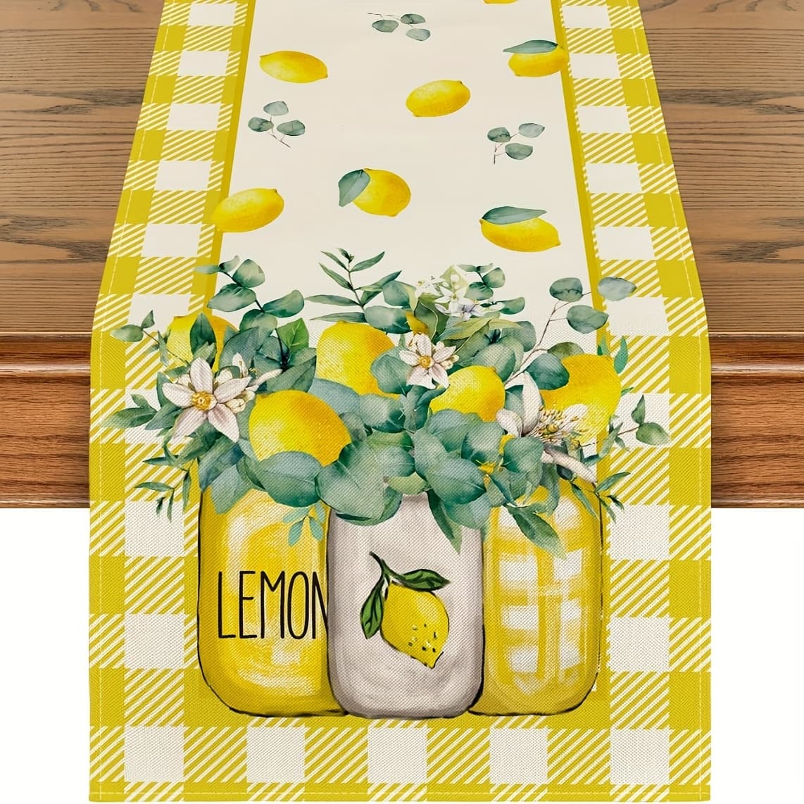 TEMU Jit1pc Summer Table Flag With Buffalo Check, Eucalyptus Leaves, White Flowers, And Lemon Jar Design, Suitable For Kitchen Dining Tables And Home Decor For Indoor And Outdoor Festive Decorations