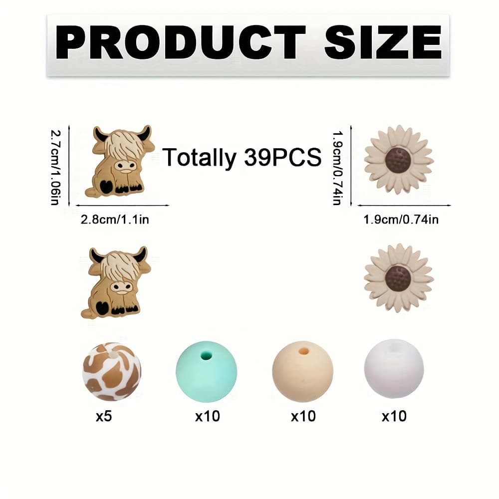 TEMU 39pcs Daisy And Highland Cow Silicone Bead Set - Perfect For Making, Pens, Necklaces, Key Rings - Colorful Handmade Gift Set With Animal And Floral Prints, Silicone Figure Beads