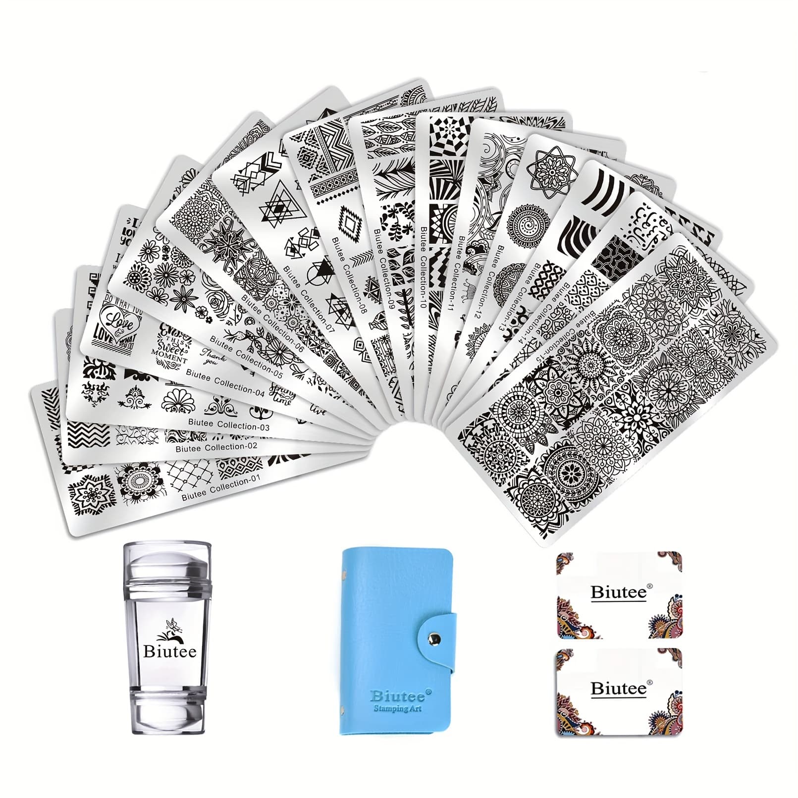 TEMU Biutee Nail Stamper Kit 15pcs Stamping Stencil + 1 X Nail Stamp + 2 X Scrapers + 1 X Plate Bag