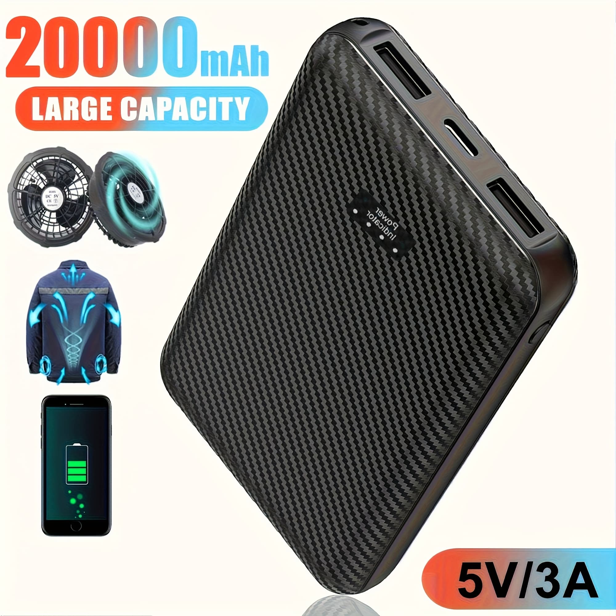 TEMU 20000mah Power Bank 5v 3a Fan Portable Charging Power Supply Phone External Battery For Fan Vest Jacket Cool Clothing