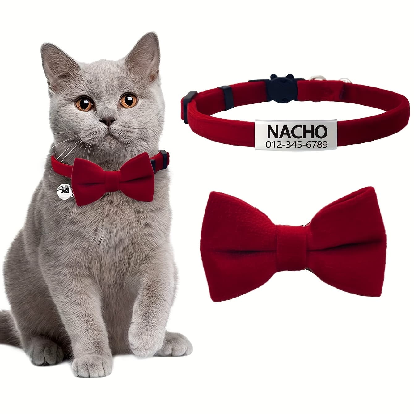 TEMU 1 Detachable Pet Bow Tie, A Velvet Cat Collar With A Bow And Bell, Customizable With , Contact Information, Address, Etc., Engraved Anti-loss Pet Tag, Suitable For To Medium-sized Cats