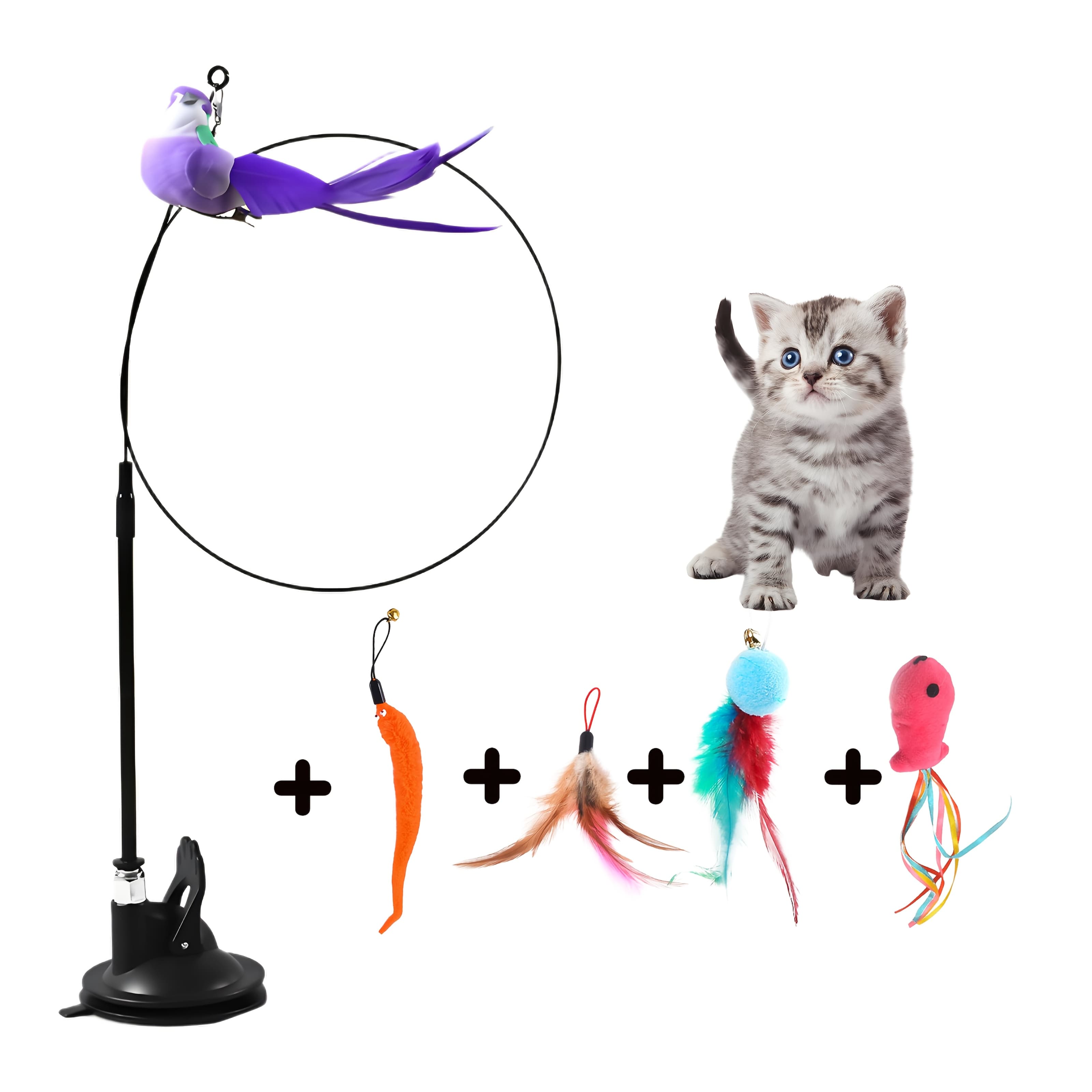 TEMU A 5pcs Cat Toy Set With A Powerful Suction Cup, Featuring Cartoon-style Feather Baits Birds. Made Of Plastic, Battery-free, And With A Bell, An Ideal Indoor Interactive Toy For Cats