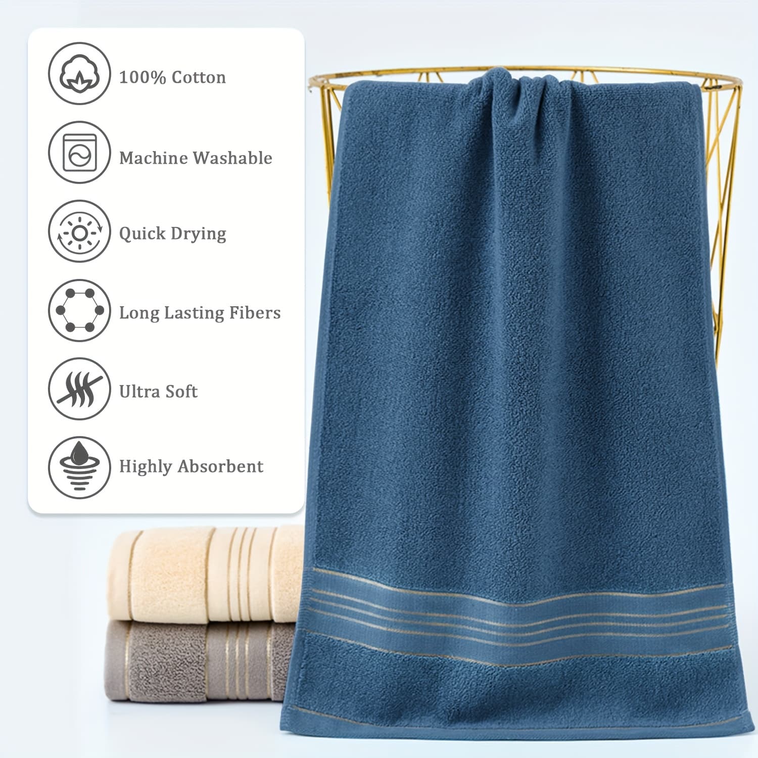 TEMU 1pc 100% Soft Towels, Absorbent Towel Housewarming Gift For Home & Hotel Use, For Accessory, Modern Striped Towel, Soft Texture Towel, 29"x13"