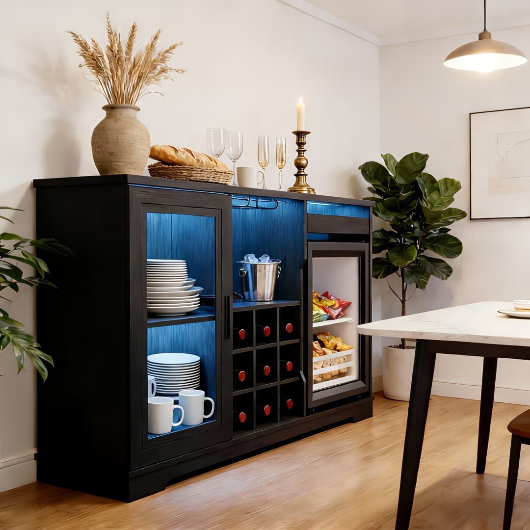 TEMU Home Bar Cabinet With Mini Fridge And Led Lights - Black Liquor Cabinet With Motion Sensor, Glass Racks, Storage Shelves - Modern Beverage Bar For Kitchen Dining Room (refrigerator Included)