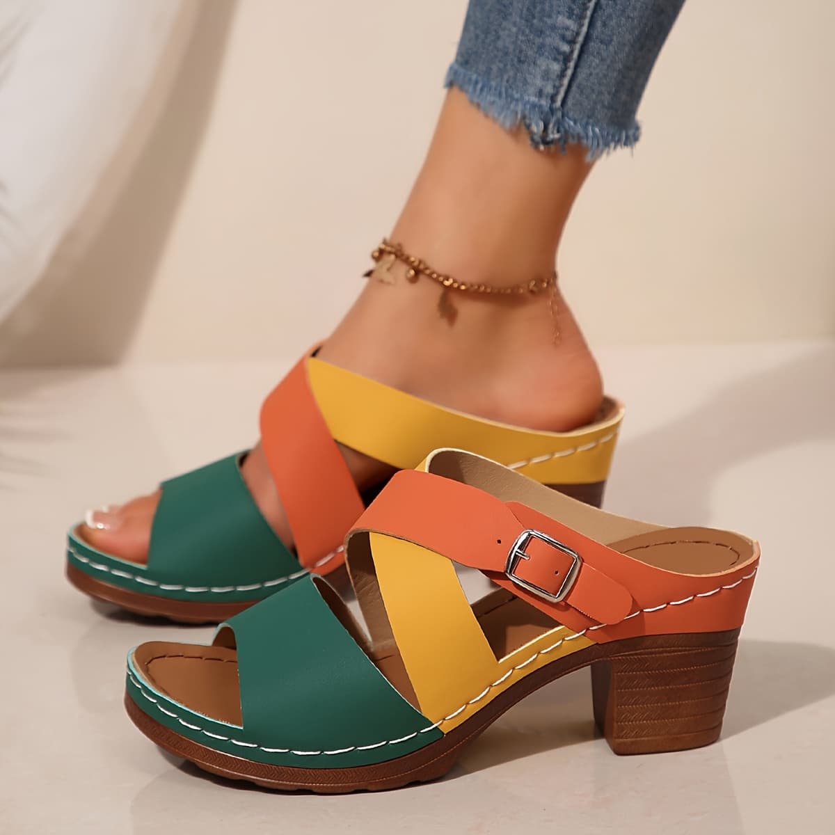 TEMU Summer Low Heel Sandals For Women, Orange Contrasting Color, Anti Slip Soft Sole, Lightweight And Comfortable Beach Vacation Slippers, Women Shoes