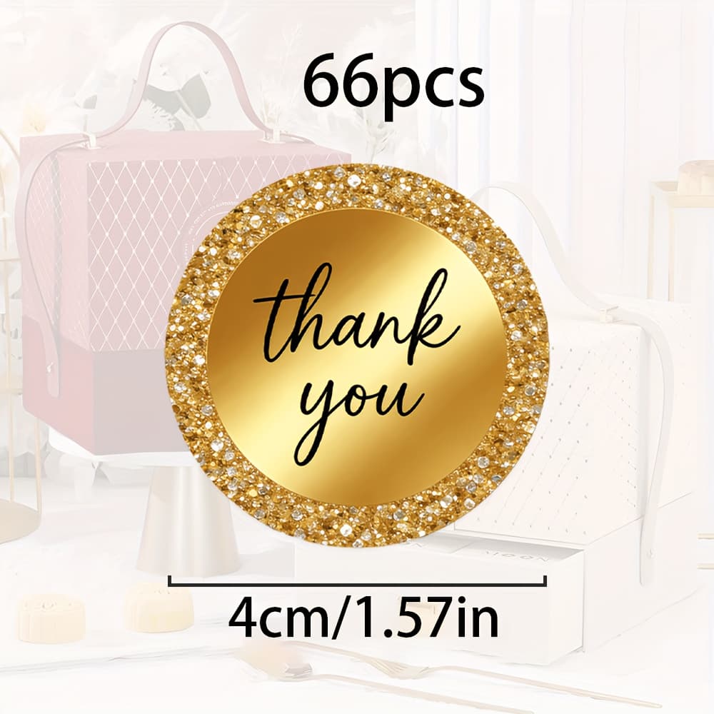 TEMU 66pcs Thank You Round Sticker Set: Designed With A Golden Sparkle And Elegant Golden Background, Perfect For High-end Gift Wrapping, Boutique Packaging, And Expressing Gratitude To Clients