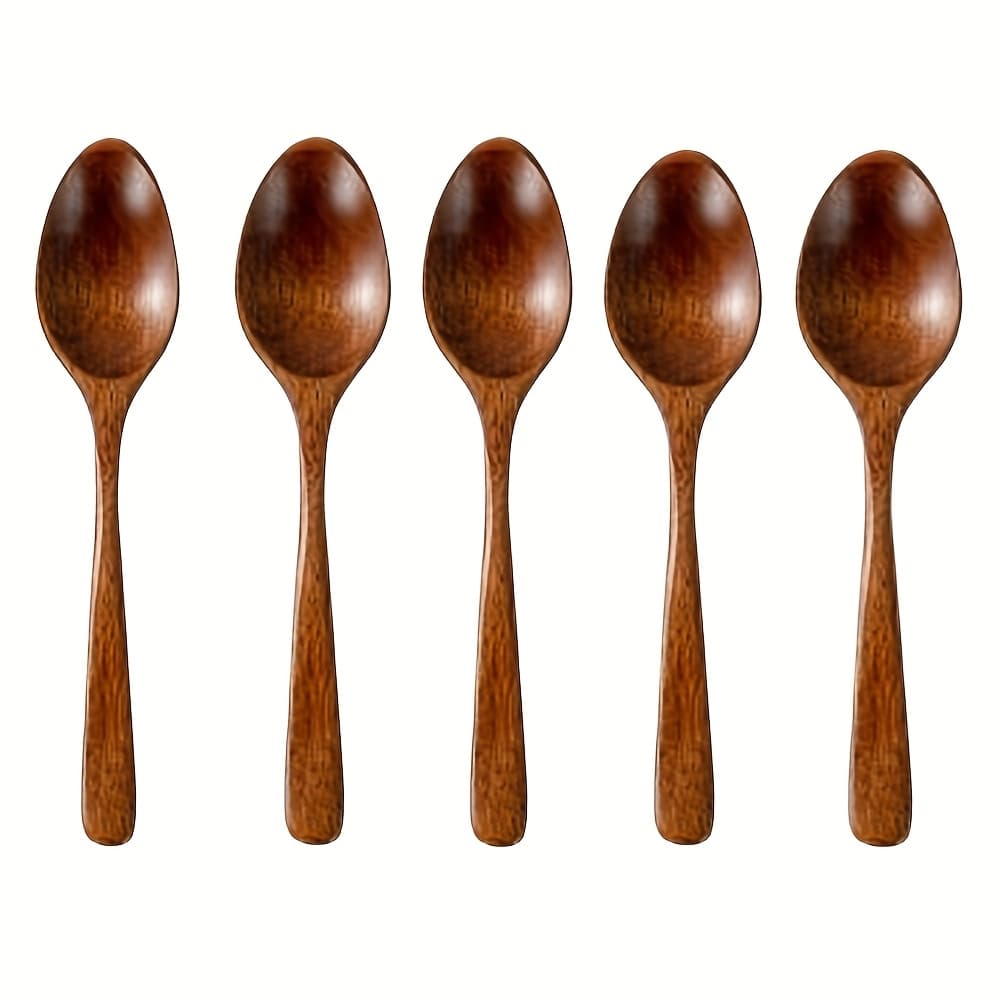 TEMU 5pcs Durable Wooden Dinner Spoon Set With Long Handle Teaspoon, Milk Honey Soup Spoon, And Stir Stick - Perfect For Kitchen Accessories