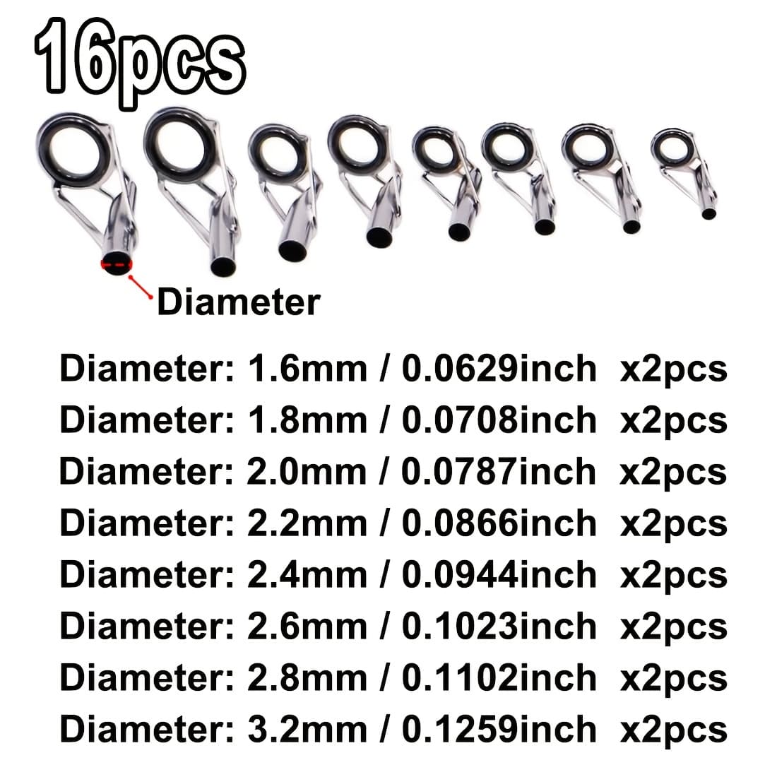 TEMU Ain 16pcs Fishing Rod Guide Stainless Steel Rod Tip Repair Ring Ceramic Replacement Freshwater Saltwater Mixed Size 1.8mm-3.2mm