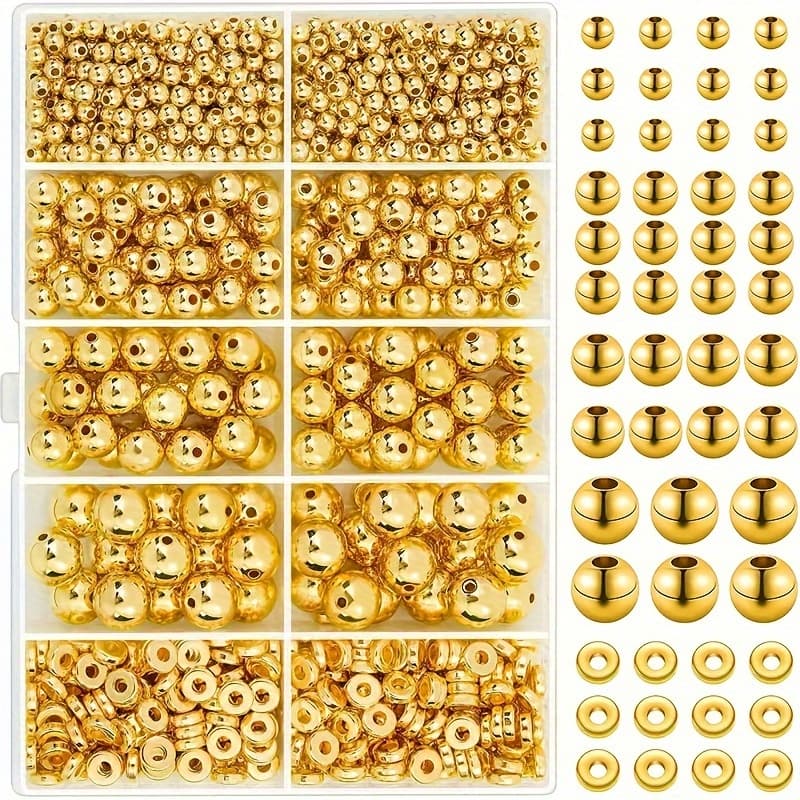 TEMU 1000pcs Golden Spacer Beads Kit Ccb Ball Round Smooth Loose Beads Kit For Bracelets Making Craft Diy Jewelry Making Supplies