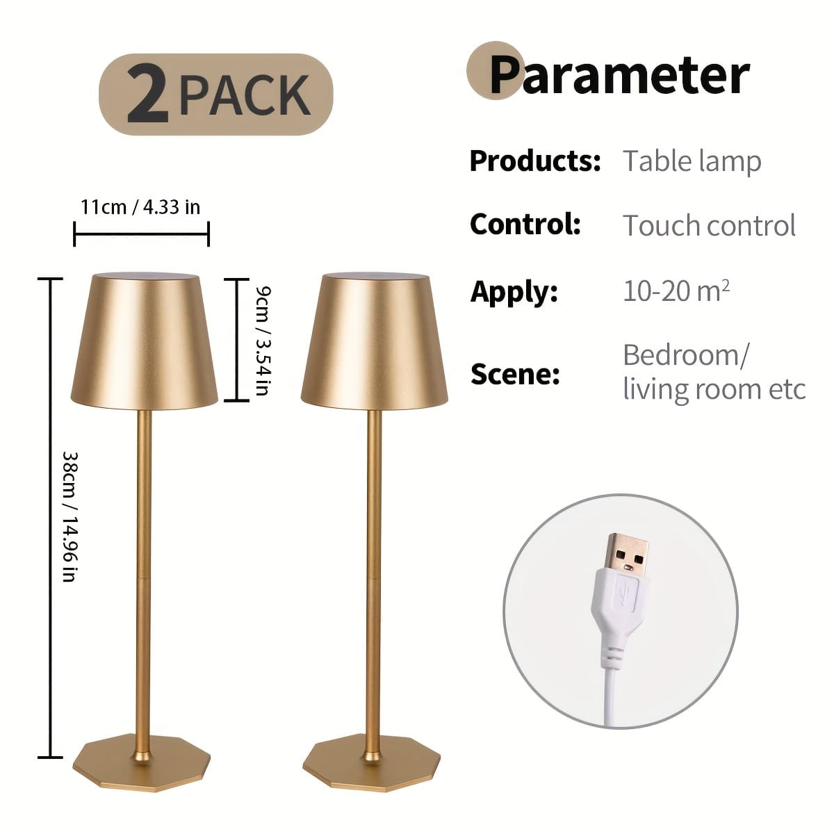 TEMU 2pack Cordless Table Lamp, 6000mah Rechargeable Battery Desk Lamp, 3 Color Dimming Up, Battery Operated Lamp For Kitchen, Bedside, Party, Restaurant (golden/black)
