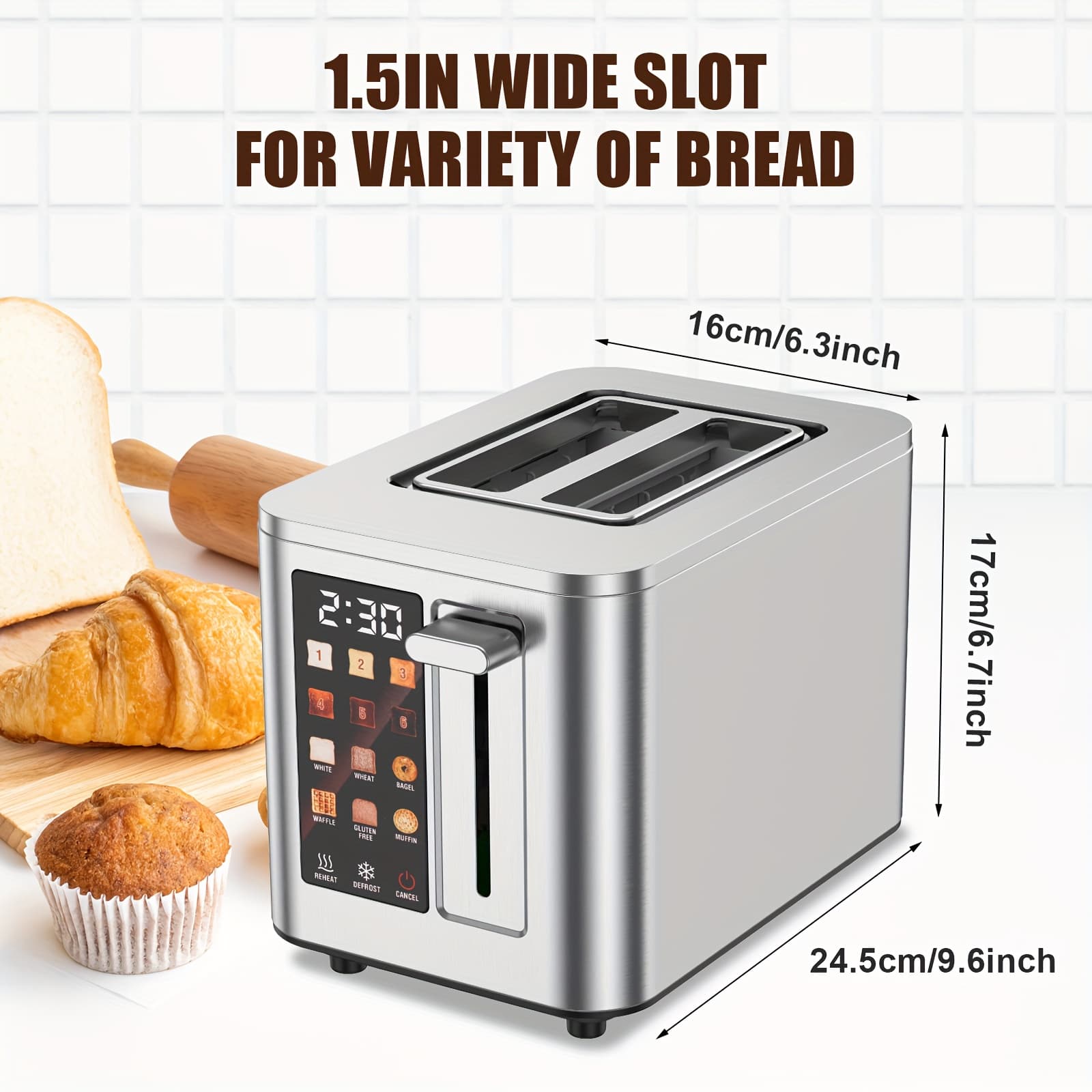 TEMU 2 Smart Toaster, Touch Screen, 6 Bread Types & 6 Browning Levels, Bagel & , 5.1" Long Slots, Stainless Steel, Easy Clean, Memory & Timer