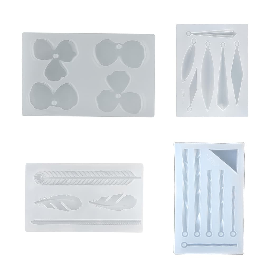TEMU 4pcs Set: Flower Long Strip Threaded Earring Pendant, Epoxy Resin Mold, Leaf Feather Handmade Ring Silicone Mold Set, Resin Liquid Mold Set