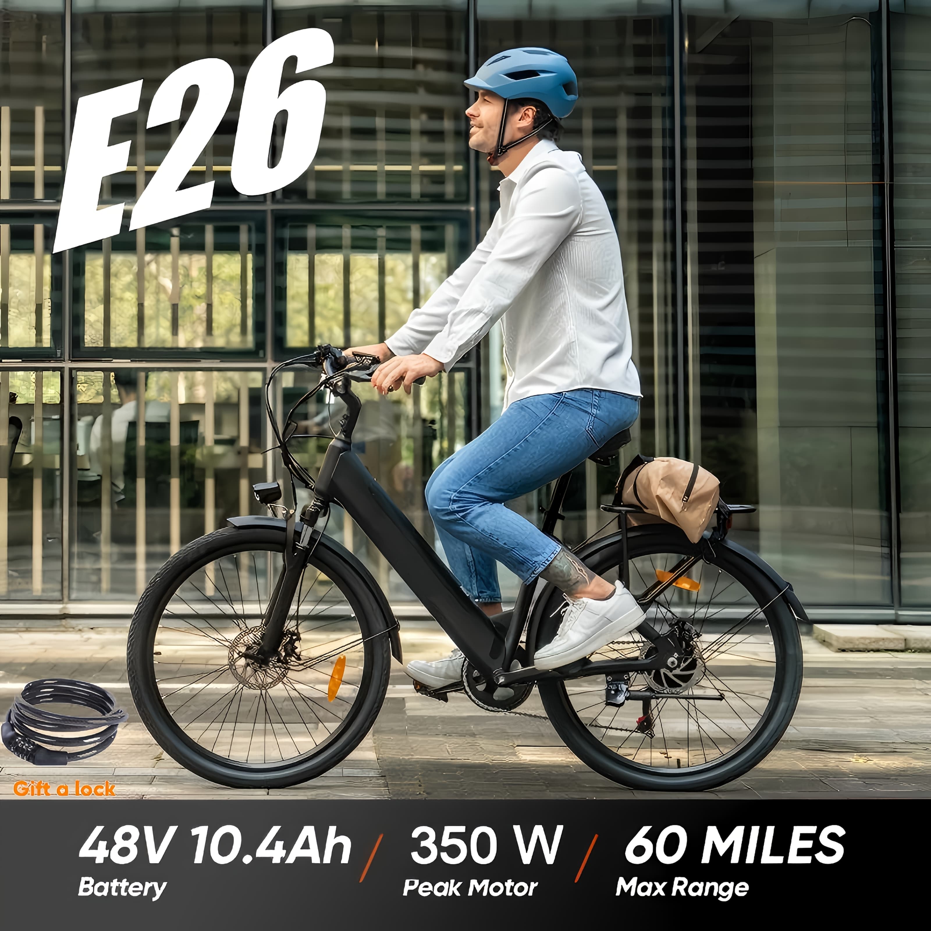 TEMU Urlife E26 Electric Bicycle With 26-inch Tires, Power Of 350w, Front Dual Shock Absorbers, 48v, 10.4ah Lithium Battery, Range Of 40 To 60 Miles, Suitable For Urban Commuting And Outdoor Riding