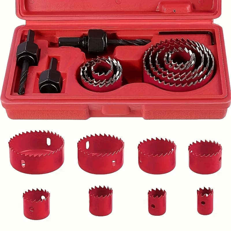 TEMU 8pcs Kit, Kit, Including 8 In Sizes From 3/ 4" To 2-1/ 2" (19mm To 64mm), Including Saw Handle And Hex Wrench, Suitable For Drilling Cork, Pvc Board And Plastic Board, Red And Black