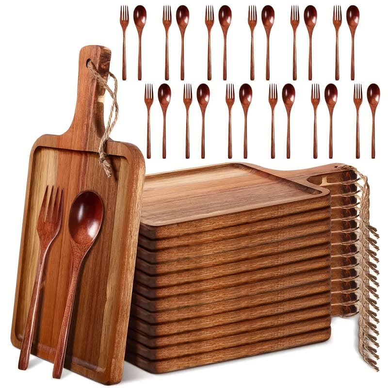 TEMU 12 Sets Of Acacia Wood Cutting Board With Wooden Spoon And Wooden Fork, Kitchen Cutting Board With Handle Wooden Serving Plate, Party Setting Serving Plate, Suitable For Housewarming Gift Parties