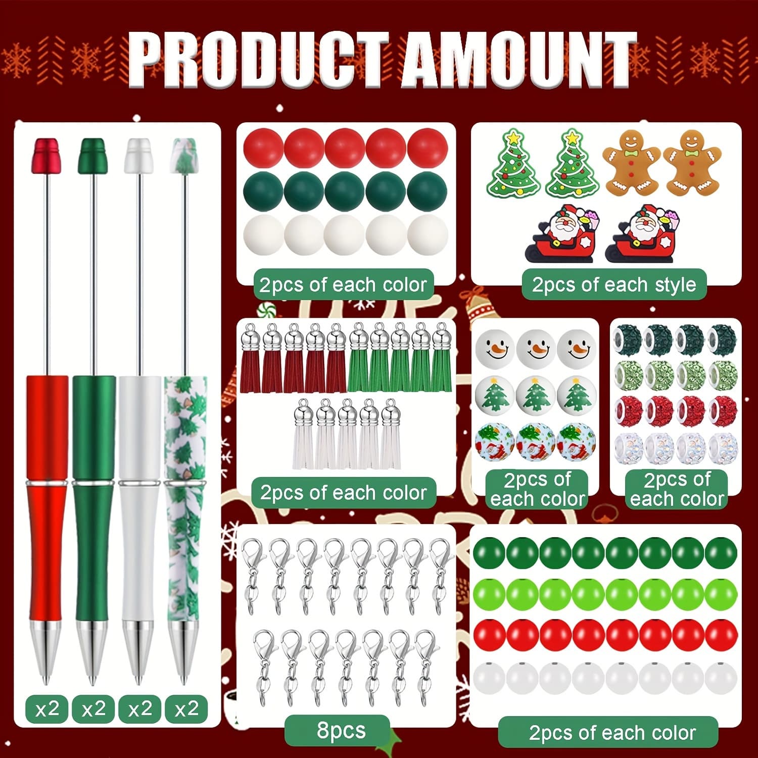 TEMU Efrey 8 Sets Christmas Beadable Pens, Silicone Beads Pens With Christmas Spacer Beads And Tassels Santa Beaded Diy Pens Christmas Ballpoint Pens For Student School Office Supplies