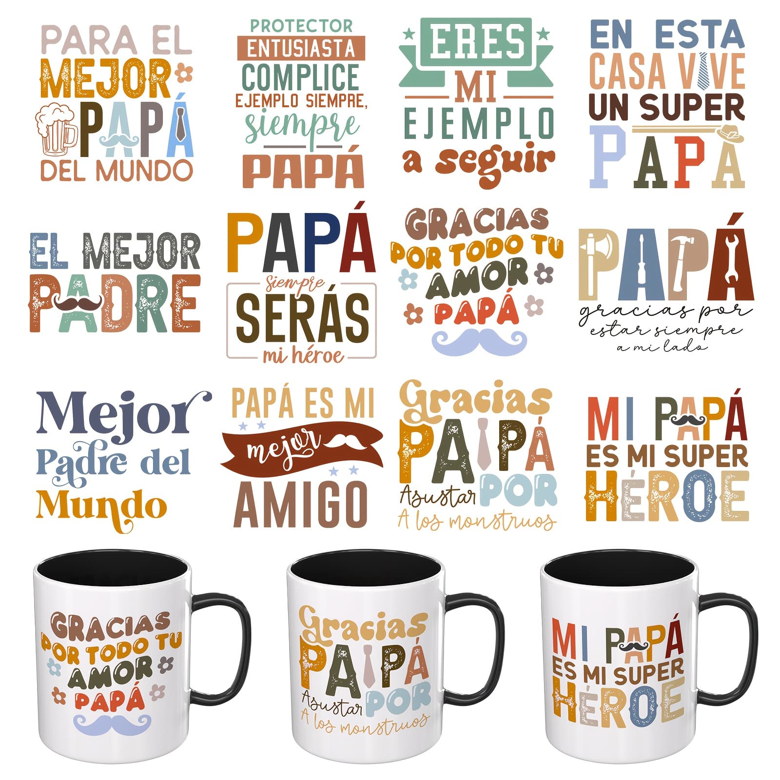 TEMU Uv Dtf Cup -12pcs/set Frases Para El Dia Uv Dtf Cup Are Used For Mugs, Tables And Chairs, Gift Box Packaging, Wine Bottles, Glass. High Adhesive Uv Dtf Transfer (only Sell, Not Mugs)