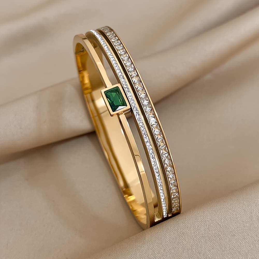 TEMU Elegant Stainless Steel Double Row Green Synthetic Zirconia Bracelet - Perfect Gift For Her, Wear
