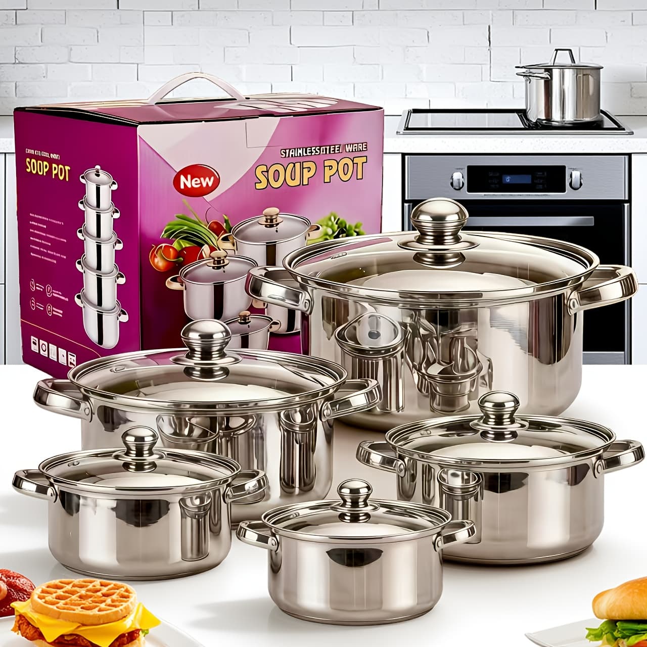 TEMU 10pcs Stainless Steel Cookware Set, Non-toxic Cookware Set, Healthy Cooking, Stainless Steel Kitchen Cookware Set, With -resistant Handles, All Hob Safe For Home Kitchen, Outdoor &