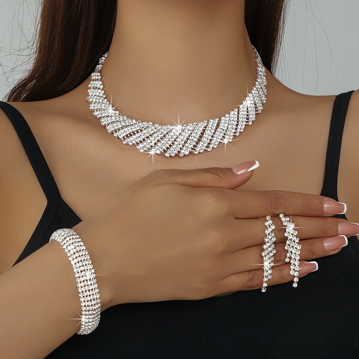 TEMU Middle Eastern Geometric Irregular Luxury Necklace, Bracelet, And Earrings 3pcs Set Bridal Jewelry