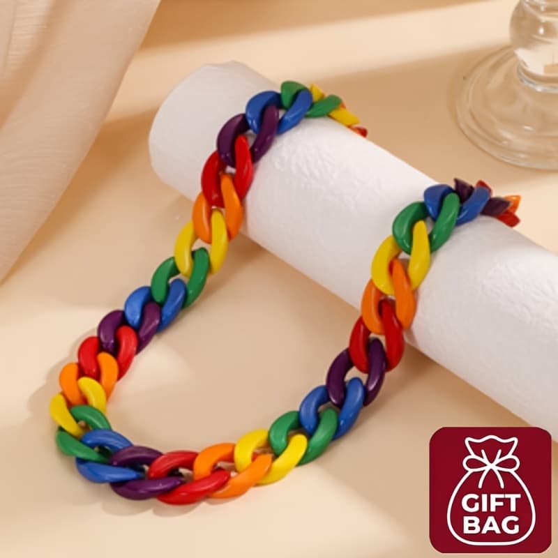 TEMU 1pc Fashionable Retro Resin Rainbow Chain (bagged With Gifts) Twisted Piece Necklace, Suitable For Men And Women' Gift , Stage Performances, Parties, And Other Important Occasions