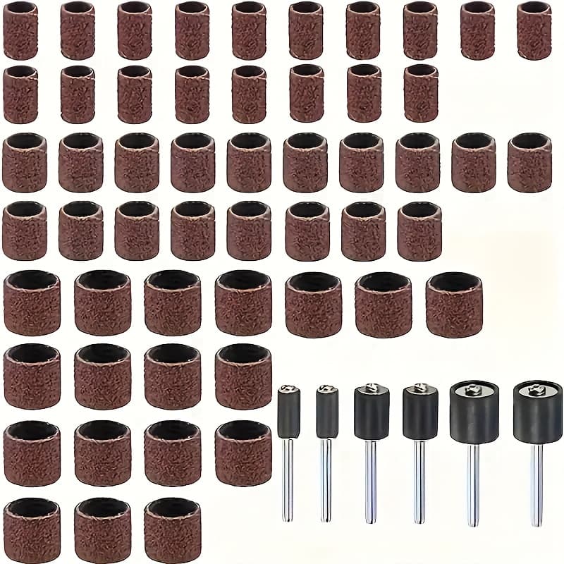 TEMU 60pcs Drum Sanding Band Sleeves Sand Paper Ring Grinding Kit Electric Mill Hanging Accessories Cylinder Mandrels For Rotary Tools