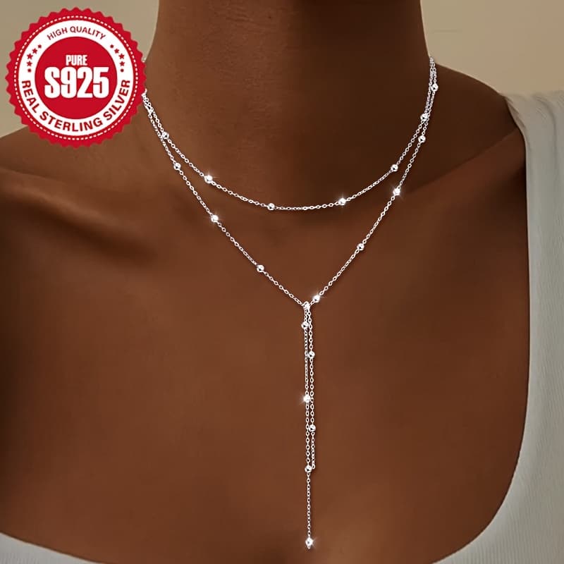 TEMU S925 Silver Double-layer Beaded Y-shaped Tassel Necklace For Women, Unique Double-layer Design, , Suitable For Daily Wear, Parties, And Gifting On Birthdays And Holidays, Hypoallergenic