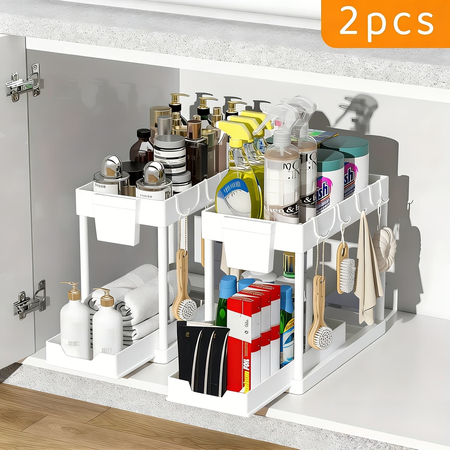 TEMU 1/2pcs Under Sink Organizer Rack 2 Tier Under Sliding Cabinet Basket Organizer Drawer With 5 Hooks And 1 Bucket, Under Sink Storage For Bathroom Kitchen Desktop(black)