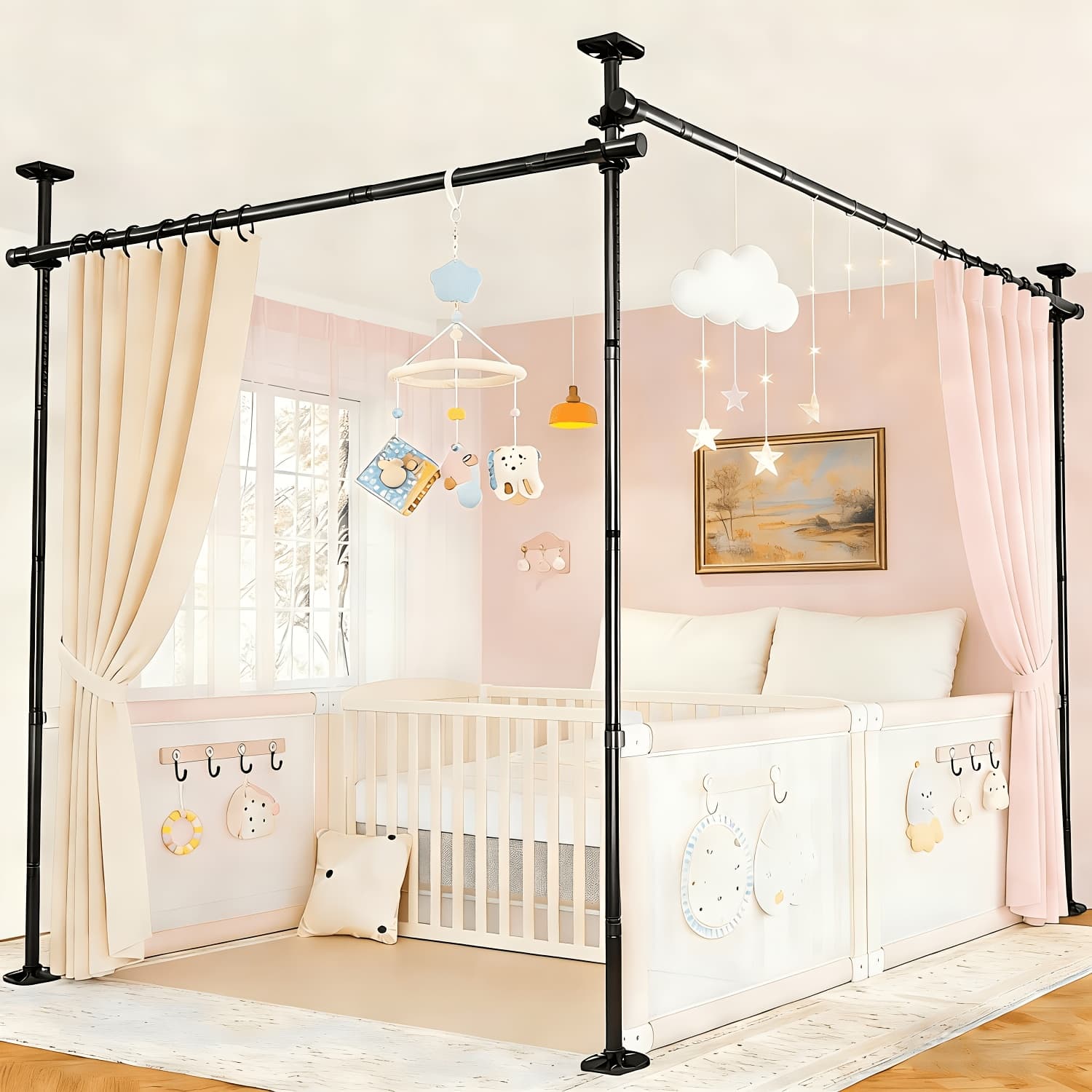 TEMU Nursery Curtain Rod - Tension Mount Room Divider For Temporary Privacy - Heavy-duty No Drill Solution For Space Separation